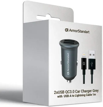 Автомобильное зарядное устройство ArmorStandart 2xUSB QC3.0 Grey + кабель Lightning (ARM82458)