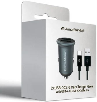 Автомобільний зарядний пристрій ArmorStandart 2xUSB QC3.0 Grey + кабель USB-C (ARM82459)