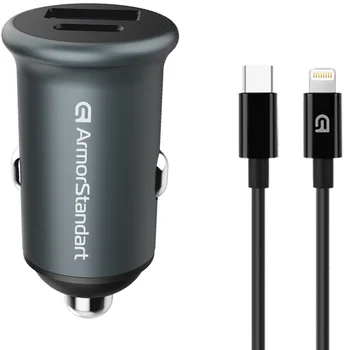 Автомобильное зарядное устройство ArmorStandart USB Type-C PD20W + USB QC 3.0 Grey + кабель Lightning (ARM82460)