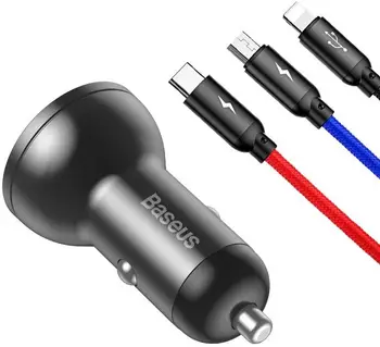 Автомобильное зарядное устройство Baseus Digital Display 2USB 4.8A 24W + 3-in-1 cable Black Suit Grey (TZCCBX-0G)