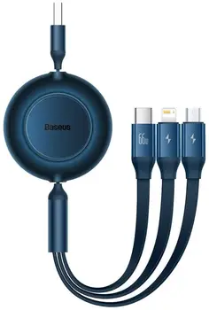Кабель Baseus Bright Mirror 2 Retractable 3-in-1 Fast Charging Data Cable Micro USB / USB Type-C / Lightning 66W 1.1m Blue (CAMJ010103)
