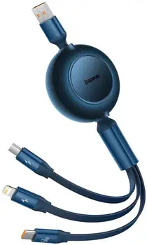 Кабель Baseus Bright Mirror 2 Retractable 3-in-1 Fast Charging Data Cable Micro USB / USB Type-C / Lightning 66W 1.1m Blue (CAMJ010103)
