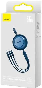 Кабель Baseus Bright Mirror 2 Retractable 3-in-1 Fast Charging Data Cable Micro USB / USB Type-C / Lightning 66W 1.1m Blue (CAMJ010103)