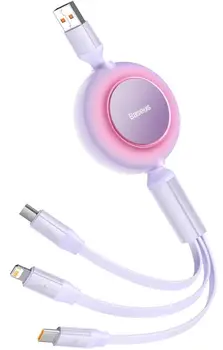 Кабель Baseus Bright Mirror 2 Retractable 3-in-1 Fast Charging Data Cable Micro USB / USB Type-C / Lightning 66W 1.1m Purple (CAMJ010105)