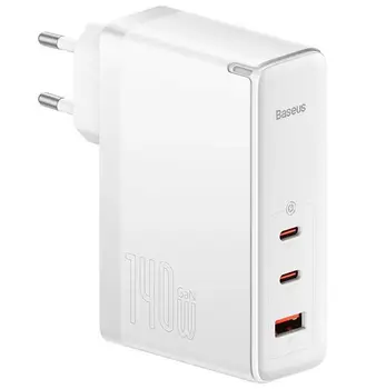Мережевий зарядний пристрій Baseus GaN5 Pro Fast Charger 2C+U 140W White w/Type-C to Type-C cable (CCGP100202)