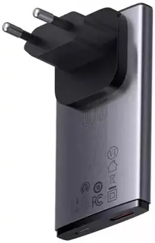 Сетевое зарядное устройство Baseus GaN5 Pro Ultra-Slim Fast Charger C+U 65W Overseas Edition Gray + Type-C to Type-C (CCGP150113)