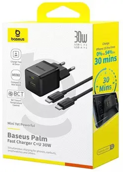 Мережевий зарядний пристрій Baseus Palm Fast Charger 30W EU Cluster Black Mini USB-C to USB-C cable (P1011160A113-01)